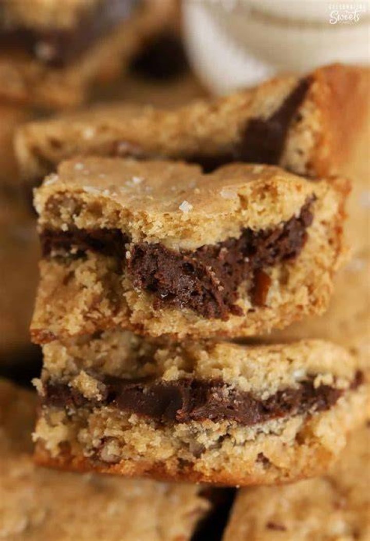 Closeup of two fudge stuffed blondies.