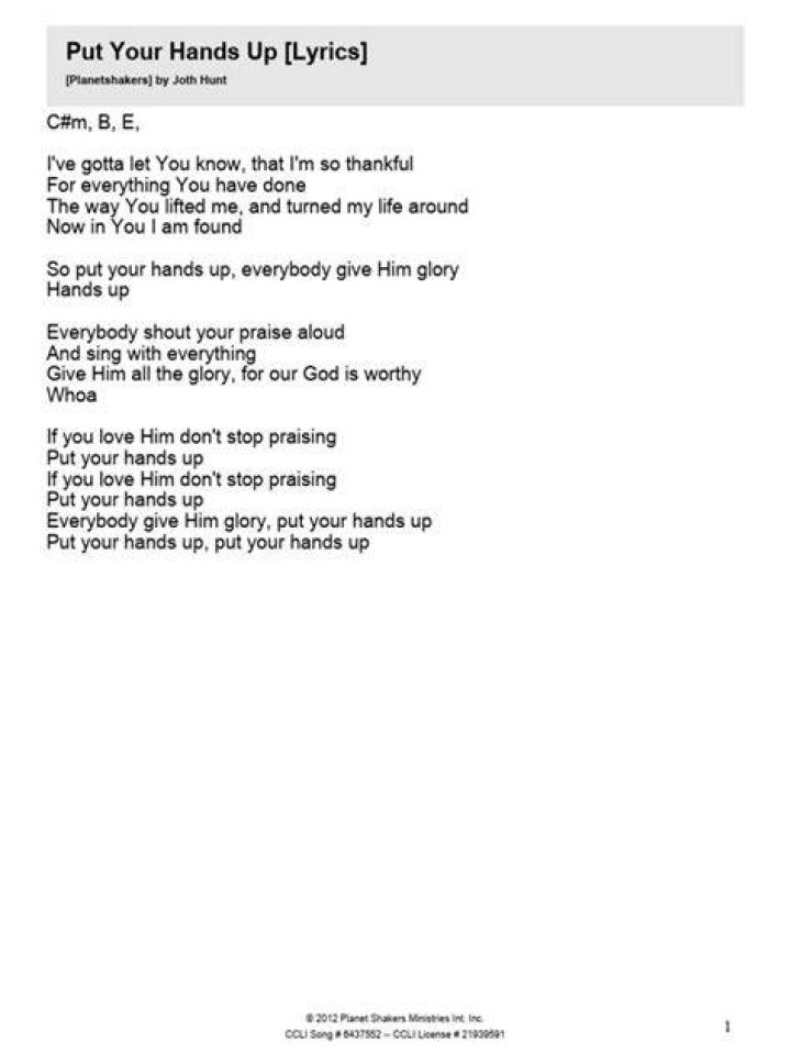 Come on everybody put your hands up, to the sky lyrics