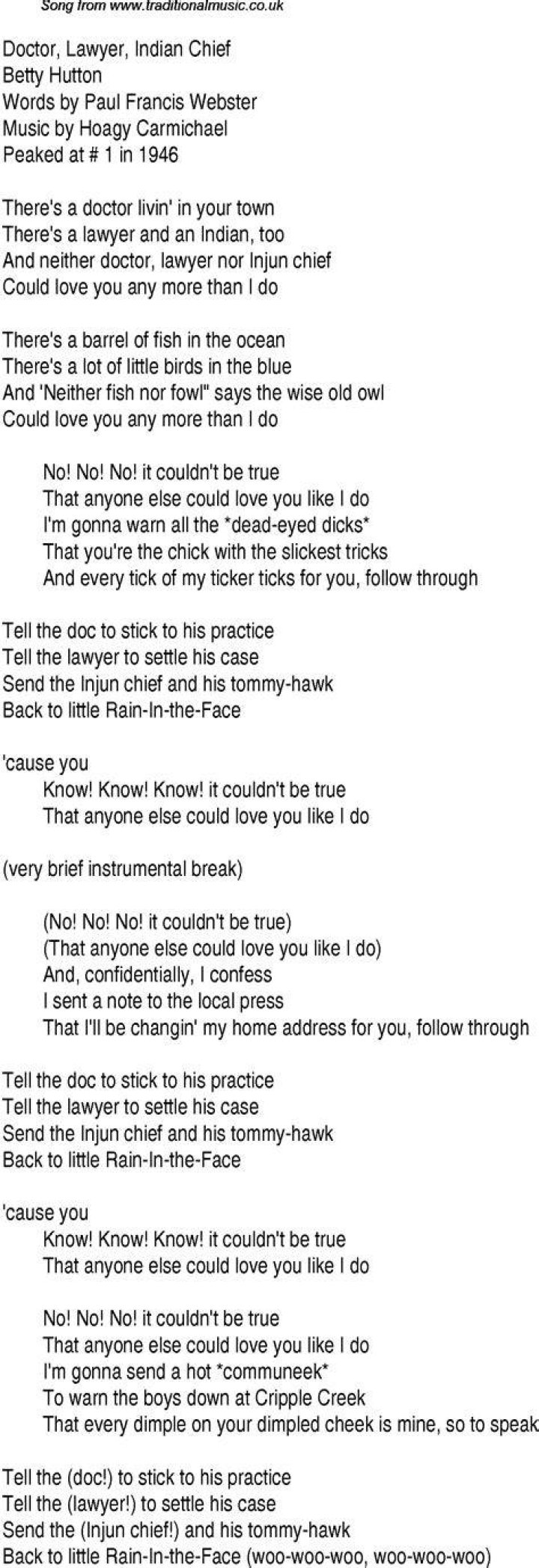 Doctor, lawyer, indian chief lyrics