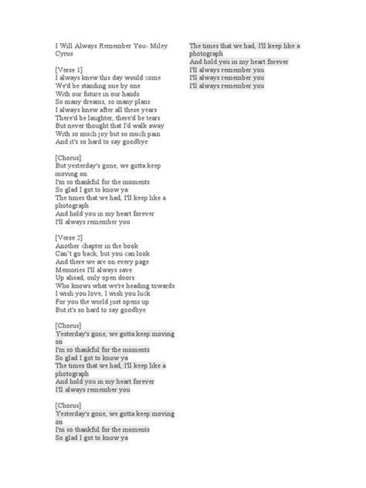 Miley Cyrus - I'll Always Remember You Lyrics Meaning