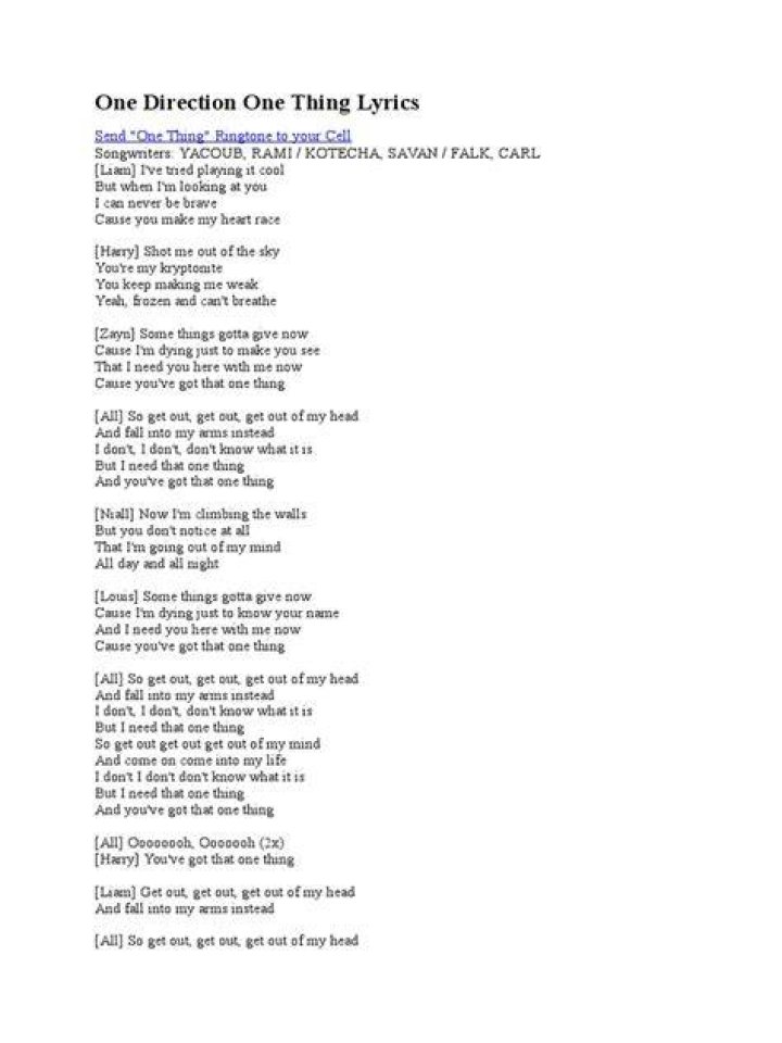 One Direction One Thing Lyrics